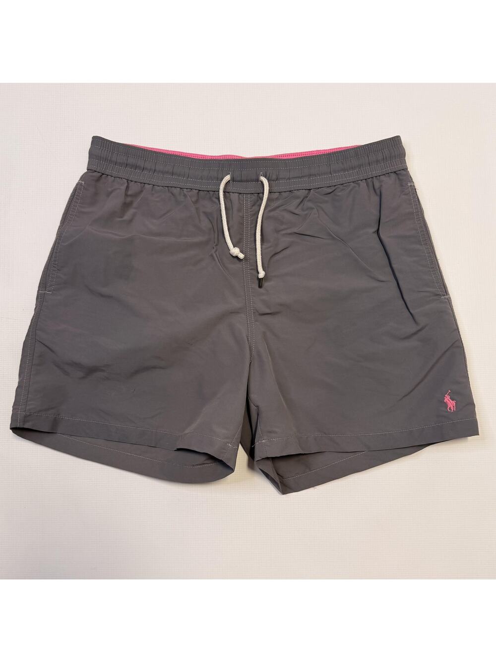 Polo Ralph Lauren Swim Trunks Shorts Mens Large Gray Pink Pony Lined Drawstring
